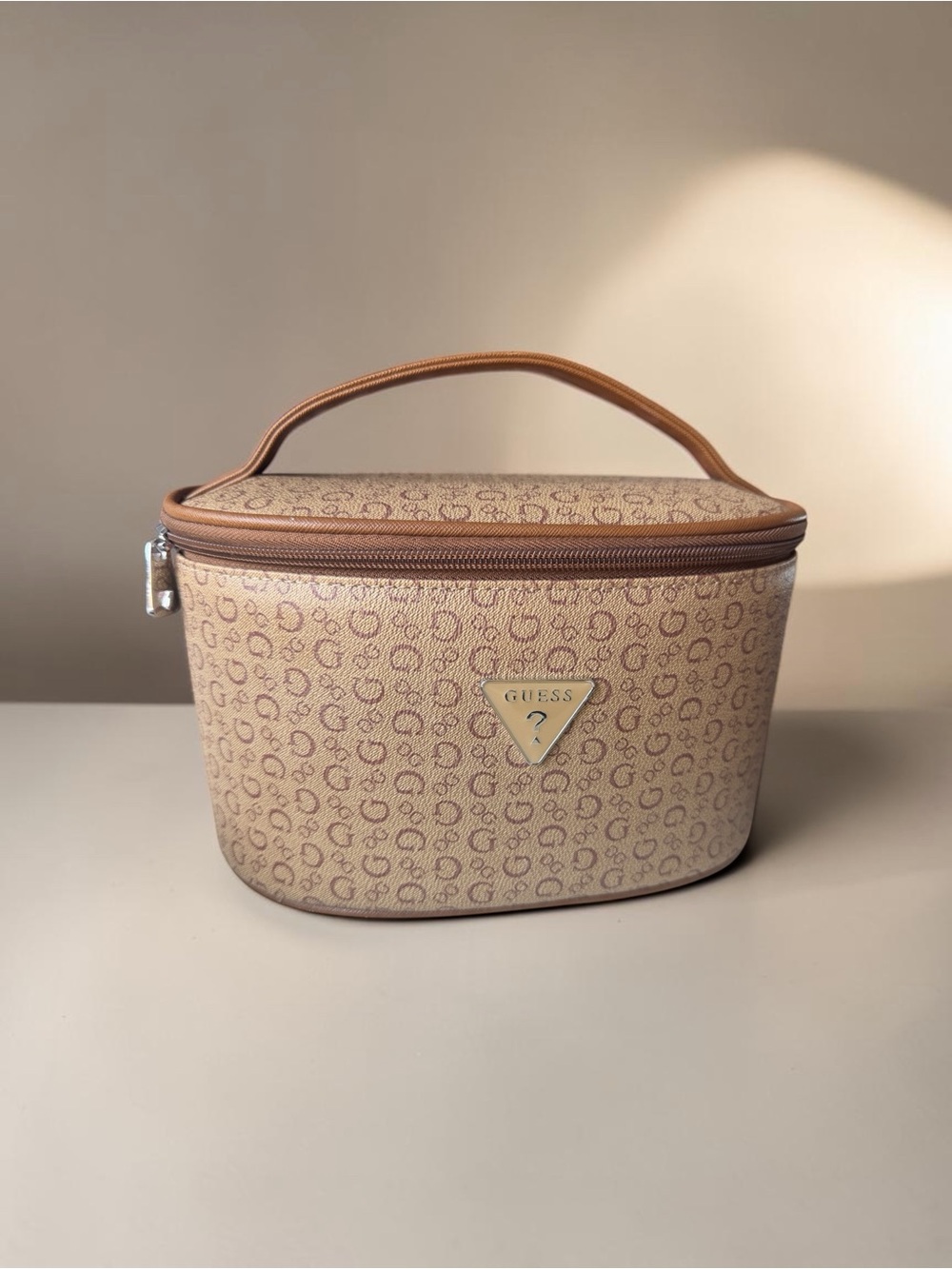 GUESS Tan Monogram Cosmetic Case with Top Handle
